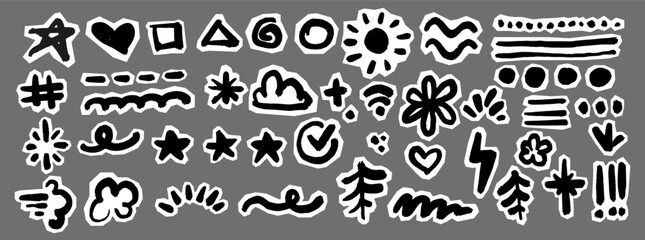 Obraz premium Retro Scrapbook Scribble Doodle Pack. Kids Hand Drawn Highlight Stickers with Stars, Hearts, Lines, Sparkles and Playful Marks. Cute Childlike Graphics for Text Highlighting and Creative Design.