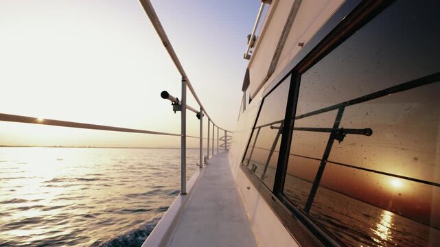 Luxury Yacht Hull Walkway with Stunning Golden Sunset Reflected in Windows