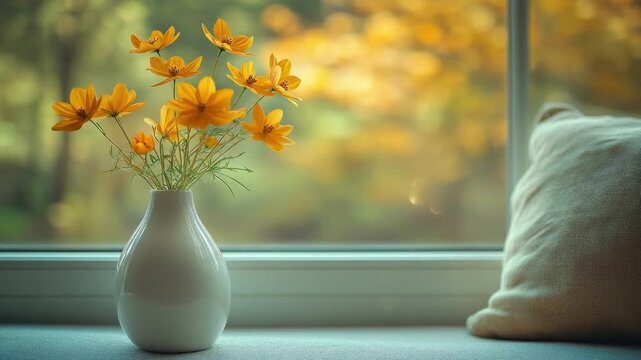 Yellow flowers in vase on window sill with soft autumn background. Easter, Pascha, Paskha, Ostern, Pascua, Paques - Orthodox and Catholic Holiday celebration