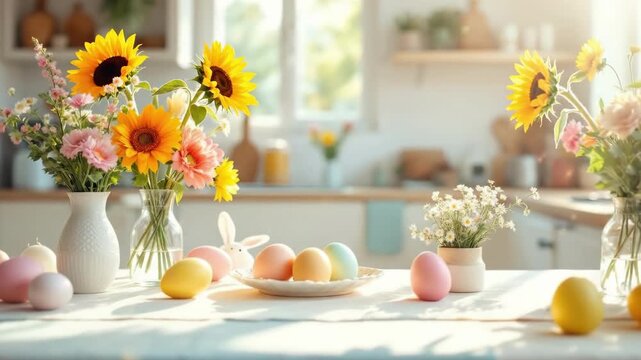 Springtime flowers and colorful easter eggs in sunlit kitchen setting. Easter, Pascha, Paskha, Ostern, Pascua, Paques - Orthodox and Catholic Holiday celebration