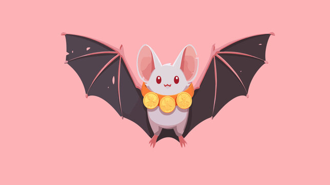 Adorable cartoon bat, wings spread, adorning a coin necklace, set against a pink backdrop