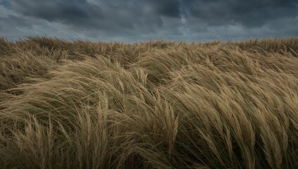 Fototapeta premium Swaying tall windswept dune grasses bending across coastal dune plain, with sand and storm clouds