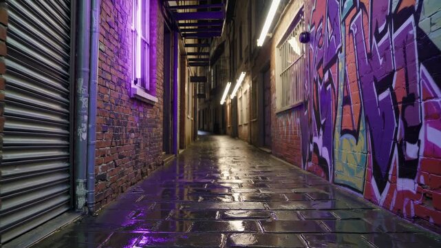 Low angle of a wet alleyway with neon lights and graffiti. Reflections of purple light on damp pavement in an urban backstreet. City night life concept