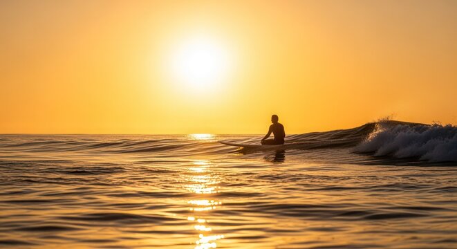 Surfer sits calmly on a longboard while waiting for the perfect swell during a breathtaking golden hour sunset, embodying a peaceful connection with the vast and rhythmic power of the ocean waves.