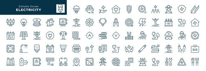 Electricity. Set of outline icons. Electric power line, light bulb, cable, wire, voltage and electrical equipment. Line icon in linear style. Vector collection  © PaHa