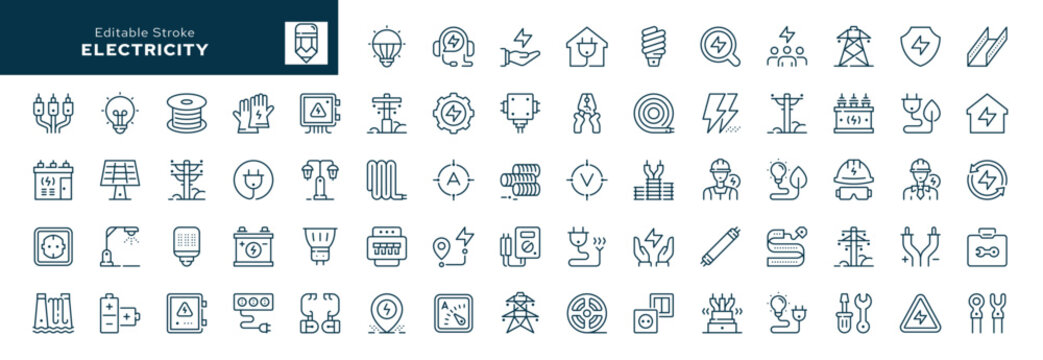 Electricity. Set of outline icons. Electric power line, light bulb, cable, wire, voltage and electrical equipment. Line icon in linear style. Vector collection	