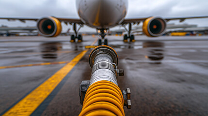 Close-up of fuel hose connected to aircraft on runway, concept of aviation fuel logistics and transportation industry.