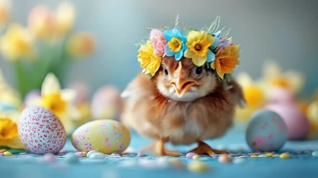 Adorable chick with flower crown surrounded by colorful easter eggs and daffodils. Easter, Pascha, Paskha, Ostern, Pascua, Paques - Orthodox and Catholic Holiday celebration