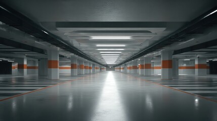 Fototapeta premium underground parking, completely empty, strong perspective lines, clean modern design, cinematic lighting, ultra realistic, 8k