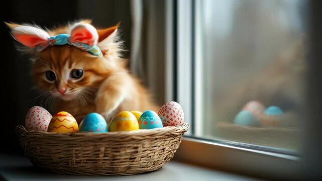 Adorable kitten with bunny ears and easter eggs in basket by window. Easter, Pascha, Paskha, Ostern, Pascua, Paques - Orthodox and Catholic Holiday celebration