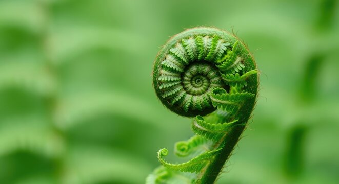 Close-up of a vibrant green fern fiddlehead unfurling in a lush natural environment.