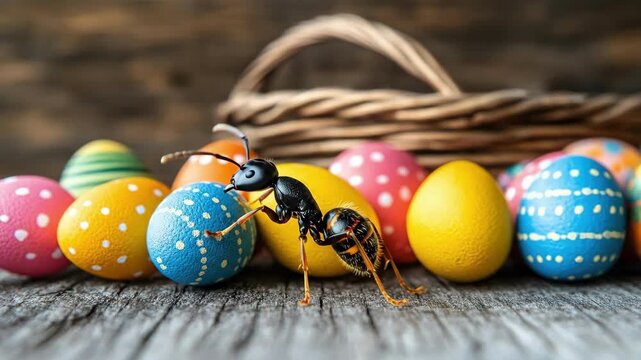 Ant crawling near colorful easter eggs and basket on wooden surface. Easter, Pascha, Paskha, Ostern, Pascua, Paques - Orthodox and Catholic Holiday celebration