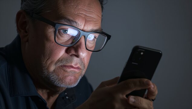 Holding man reading phone in dim room, rectangular glasses reflecting, ring, dark collared shirt