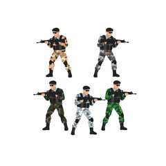 Naklejka premium Military soldiers in various camouflage uniforms holding rifles