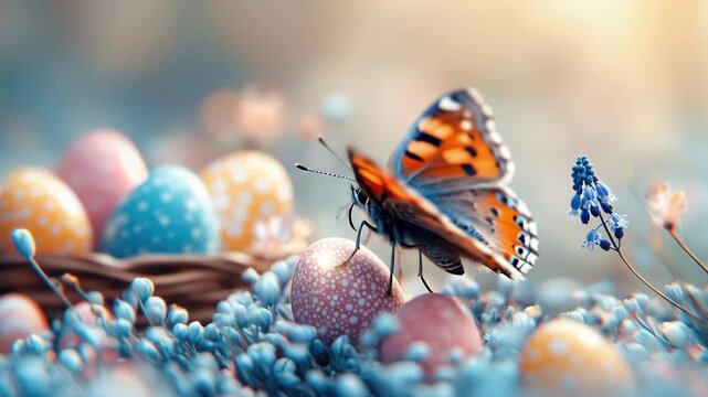 Blue butterfly by easter eggs in a spring meadow. Easter, Pascha, Paskha, Ostern, Pascua, Paques - Orthodox and Catholic Holiday celebration