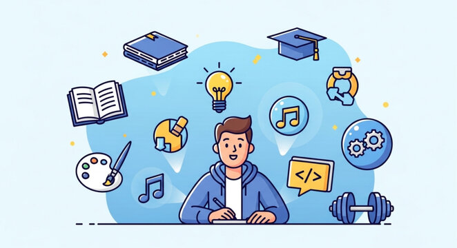 Man surrounded by symbols of knowledge, creativity, and personal growth.
