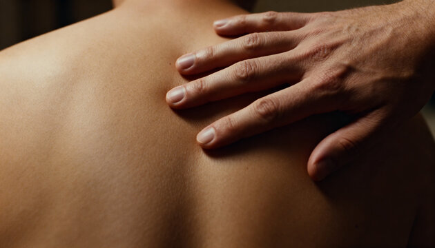 Placing right hand resting on bare upper back in dim interior close-up, showing skin texture