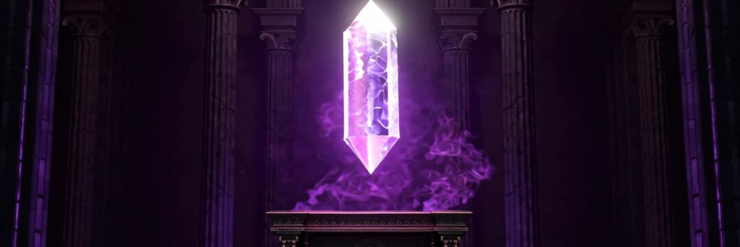 Glowing purple crystal inside ancient hall in wide website banner format with copy space, mystical fantasy scene, magic power concept, halloween atmosphere.