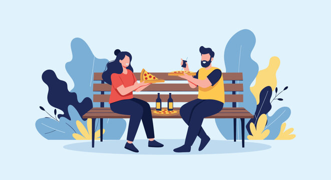 A couple enjoying a romantic pizza date on a park bench, surrounded by lush foliage in a modern flat illustration style.