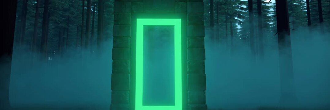 Neon glowing doorway in misty forest in wide website banner format with copy space, surreal portal concept, futuristic digital environment, mystery scene.