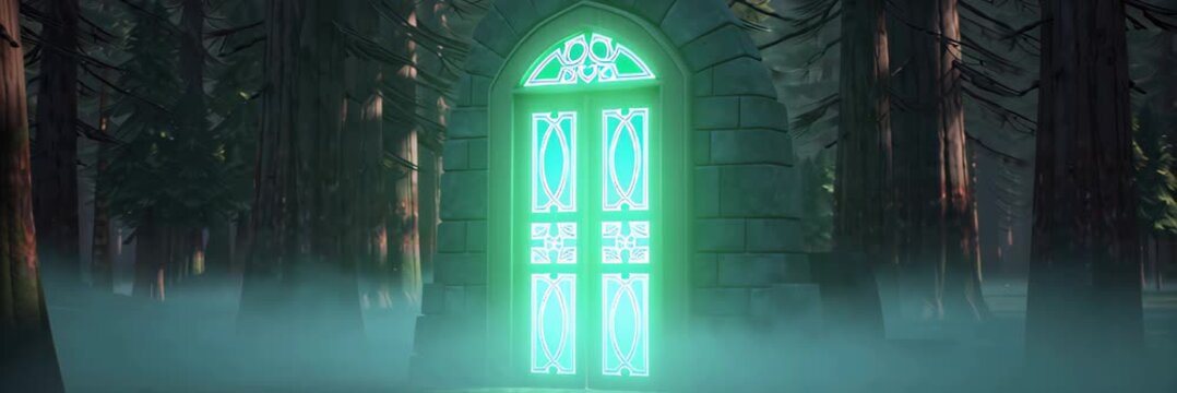 Glowing green door in misty forest in wide website banner format with copy space, fantasy portal concept, mystery path, surreal environment.