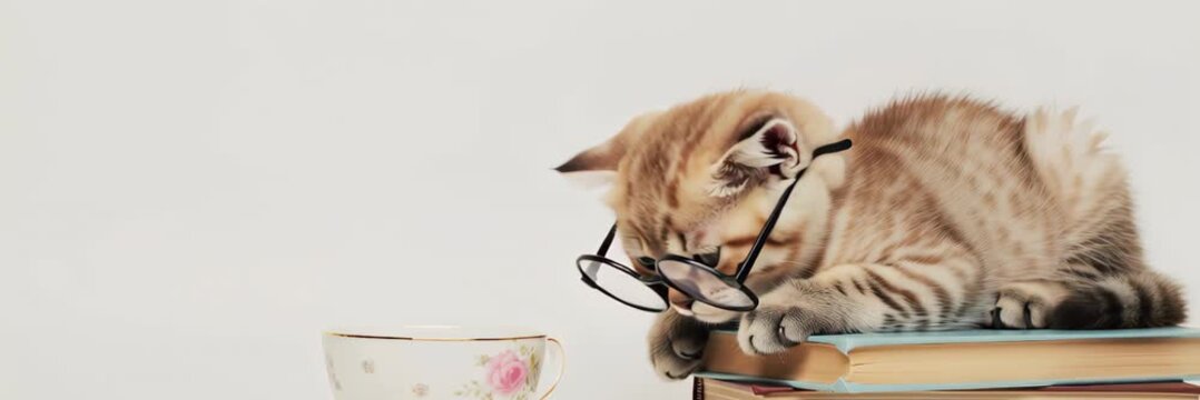 Cute kitten wearing glasses sitting on books in wide website banner format with copy space, back to school concept, education, cozy pet scene.