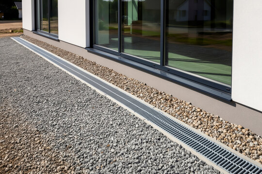 Modern house exterior detail featuring a sleek metal drainage grate and crushed gravel landscaping, emphasizing contemporary architectural design and efficient infrastructure syste