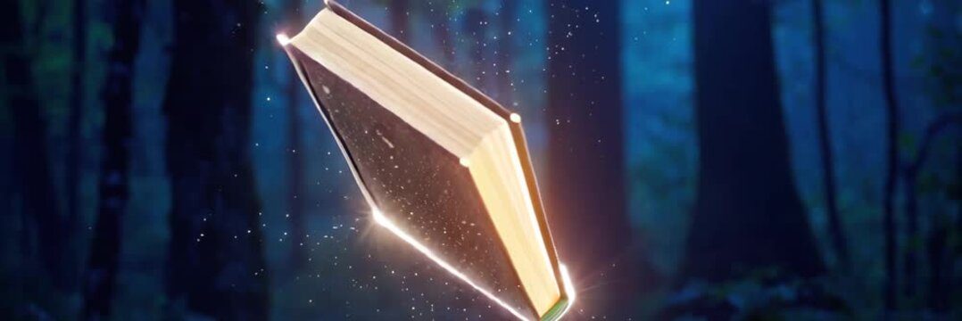 Glowing book floating in forest in wide website banner format with copy space, magical learning concept, fantasy education, mystery knowledge.