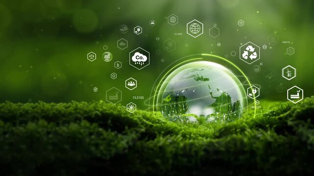 Crystal ball on moss with icons in green forest - environment esg concept, ecology and sustainable environment of the world. Eco-friendly green business. ecology, earth day, csr and net zero