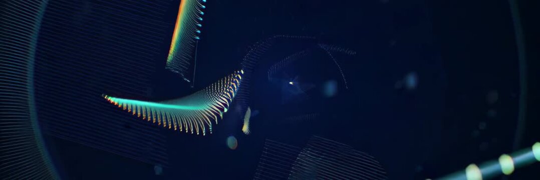 Abstract digital particles forming wave shape in wide website banner format with copy space, data flow concept, futuristic technology, cyber visualization.