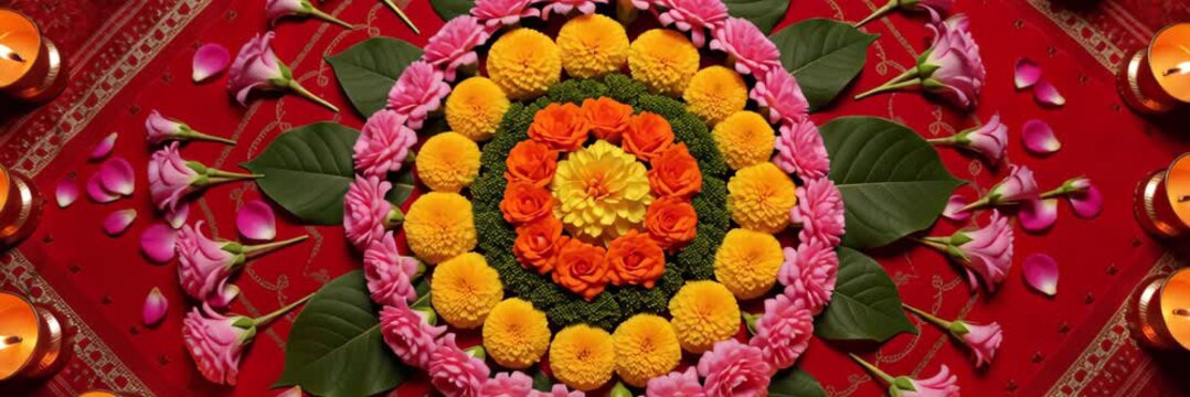 Floral circular composition with marigold flowers for Diwali on red background in wide website banner format with copy space, indian festive decoration.