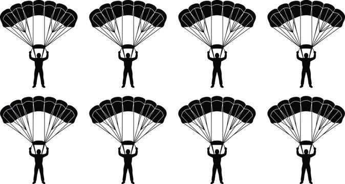 Set of black paragliding and skydiver silhouettes with parachutes isolated on white background for extreme sports adventure leisure and travel vector design.