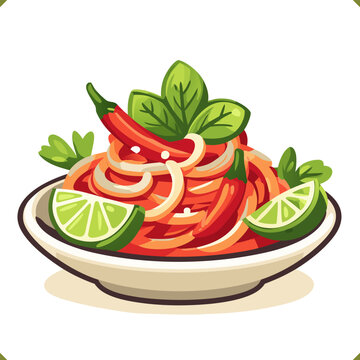 Vector illustration of Thai green salad som tum with lime slices, chili peppers, and fresh herbs in a bowl, top view, isolated on a white background