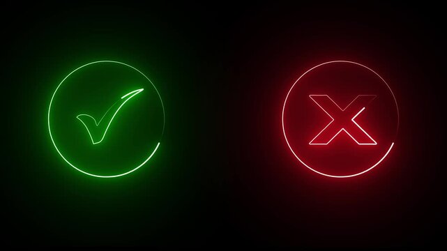 Looping neon check and cross icons inside glowing circles on dark background. Clean UI feedback animation for accept reject actions, apps, gaming interfaces and digital overlays.