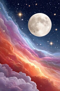 Colorful cosmic moon over rainbow nebula clouds in a starry night sky