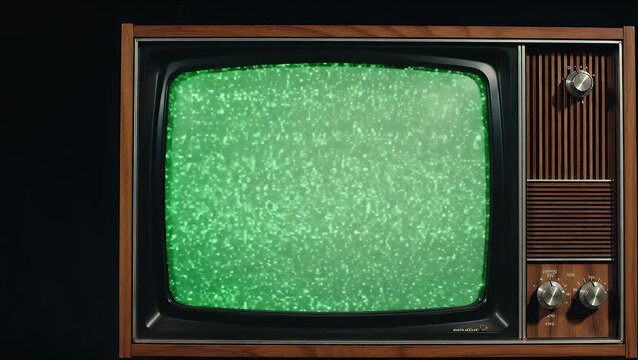 Vintage television displaying green static noise in a dark room, retro technology.