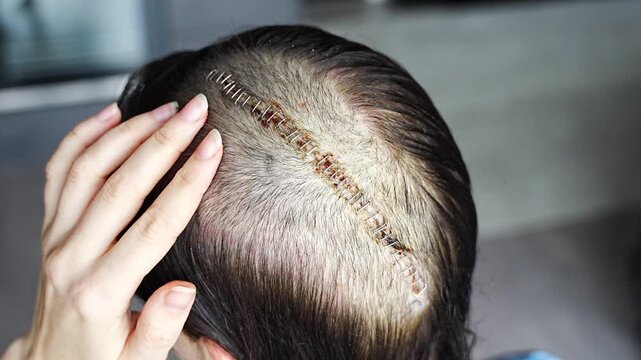 Close up of fresh surgical scar with staples on shaved head one week after craniotomy for brain tumor removal. Early postoperative healing and recovery concept.