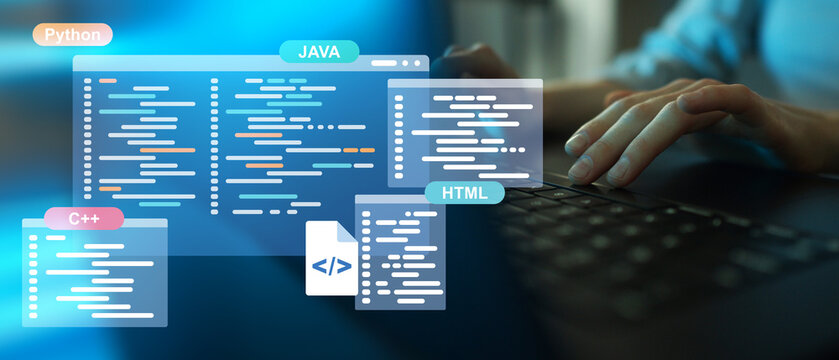 Programming Languages and Software Development Interface Concept with Python, Java, C++, and HTML.