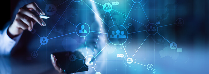 Global Business Networking and Communication Visualized on a Futuristic Digital Interface.