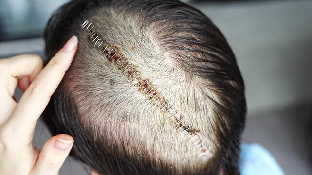 Back view of woman with surgical scar after brain tumor removal surgery. Craniotomy and meningioma treatment concept.