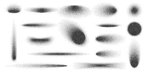 Circle grain shadow with noise effect on white background. Abstract grunge dotted oval gradient shade with black shape element and stipple fade dust. Sand spray effect, vector illustration.