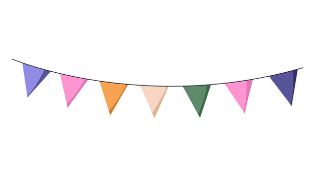 Colorful bunting flags garland for party decoration, flat vector illustration isolated on white. Party triangular flags hanging on a string. Colorful bunting garland for birthday and celebration.