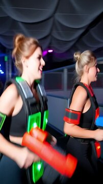 Two women play laser tag with their friends during a bachelorette celebration in an indoor arena. They wear special vests and hold colorful laser guns