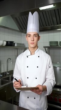 A young male chef inspects the restaurant kitchen carefully. He writes on a clipboard while reviewing the kitchen setup. The inspection aims to ensure cleanliness and organization in the kitchen