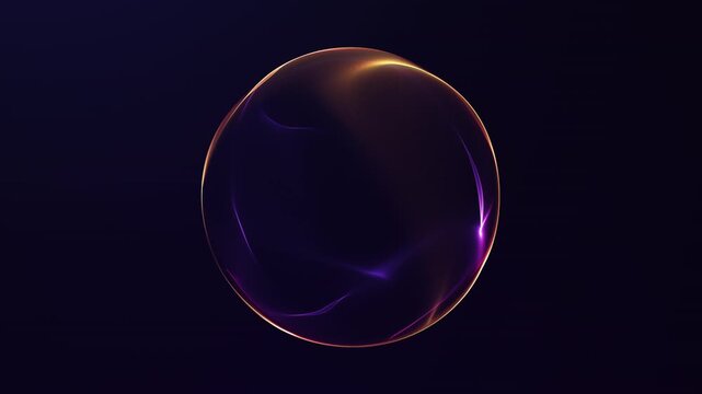 Abstract purple and gold energy sphere with rich luminous contours, futuristic digital elegance, glowing motion on dark background, refined 4K loop.