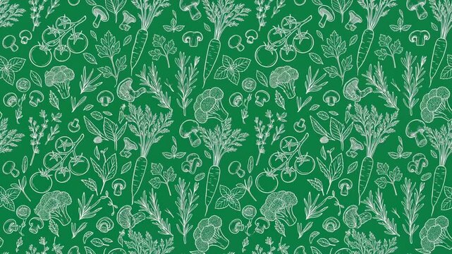 Seamless vegetable pattern with hand drawn food icons on green background