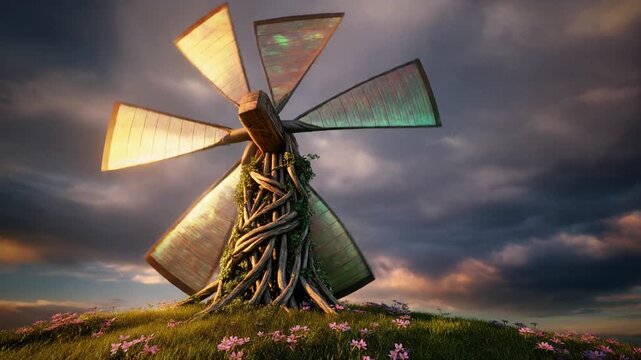 Surreal fantasy windmill on a vibrant green hill under a dramatic sky, featuring ancient roots and glowing, reflective blades, a symbol of natural power