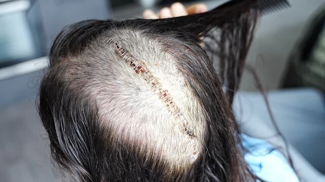 Woman carefully combing hair near surgical scar with staples after craniotomy for brain tumor removal. Postoperative care and recovery routine concept.