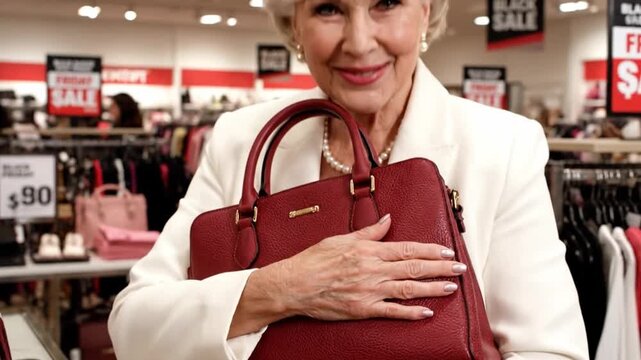 Senior woman enjoys shopping at an outlet store on Black Friday. She picks up and buys a handbag while browsing clothing and accessories available at a discount