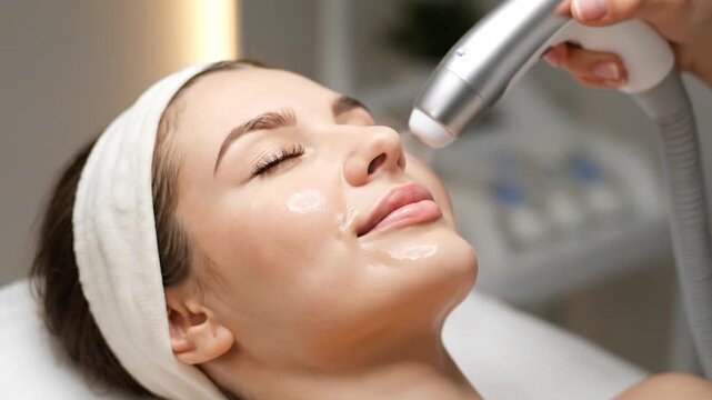 Young brunette is at an aesthetic medicine clinic receiving a facial procedure that applies atomized nutrients to her skin for improved vitality and appearance